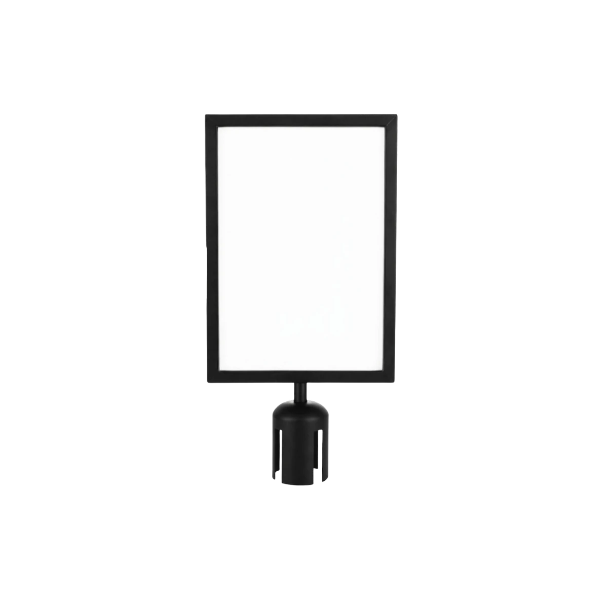 A stanchion-mounted sign frame holding a blank portrait sheet
