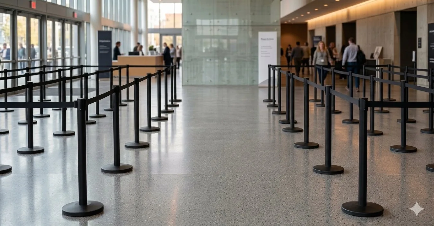 Rows of black belt stanchions forming a switchback queue across the polished floor of a glass-walled foyer