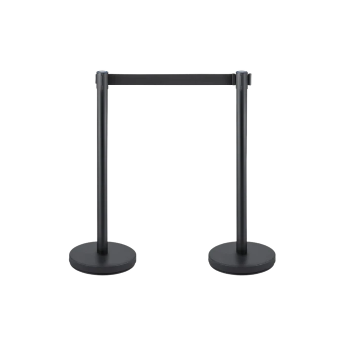 Two matte black retractable belt stanchions with the belt drawn out between them