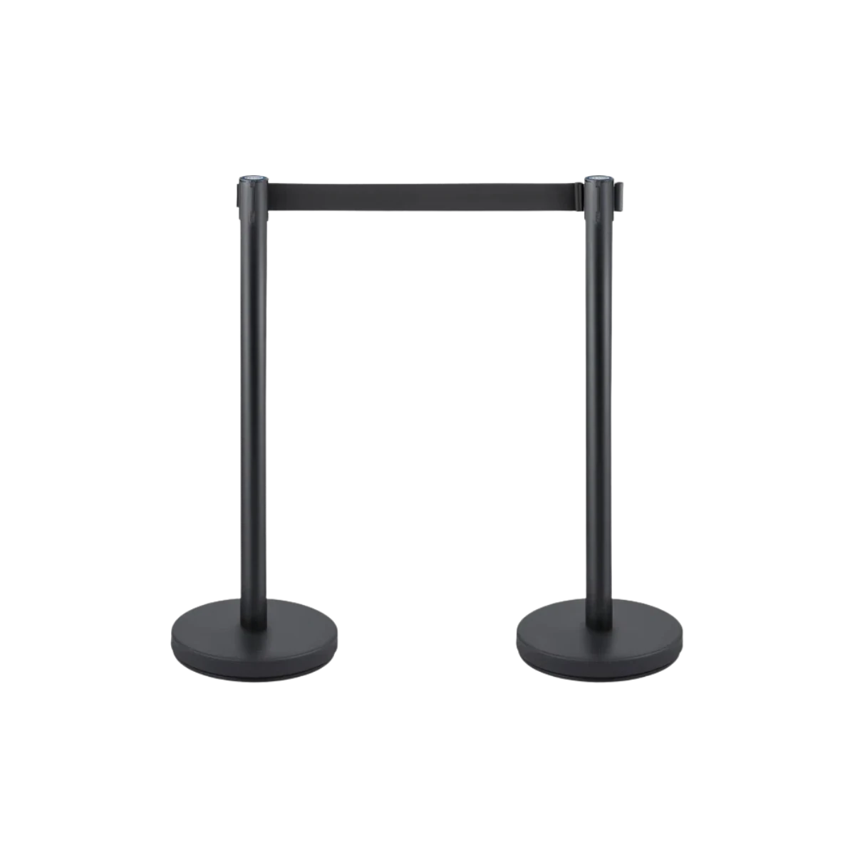 Two matte black retractable belt stanchions with the belt drawn out between them