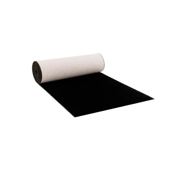 A black carpet runner rolled back at one end to show its width