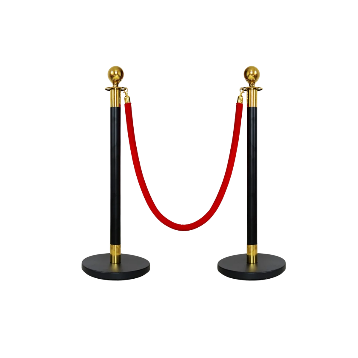 A pair of black rope stanchions with gold caps, linked by a red velvet rope
