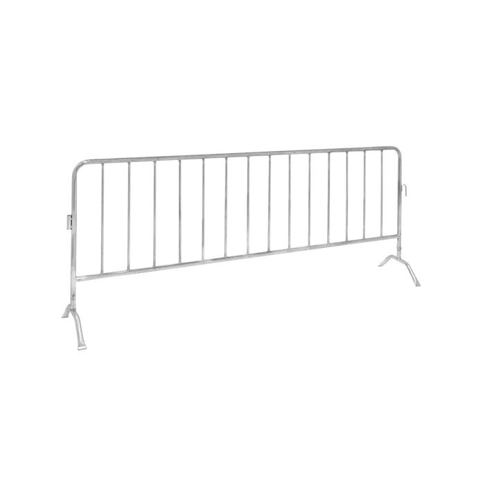 A galvanized steel crowd control barricade panel with flat feet, seen side on