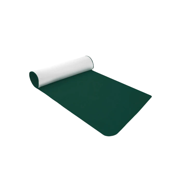 A dark green carpet runner with the roll open at one end