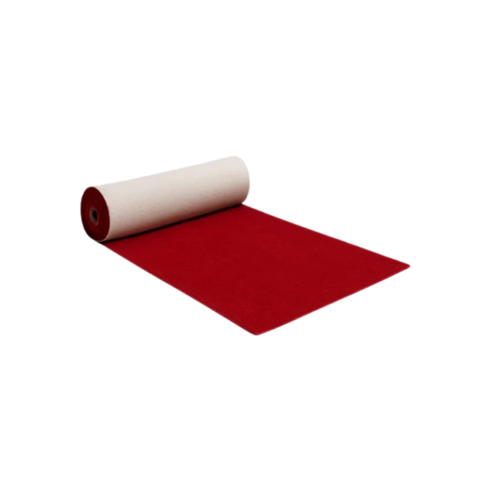 A red carpet runner part unrolled, showing the pile and the backing