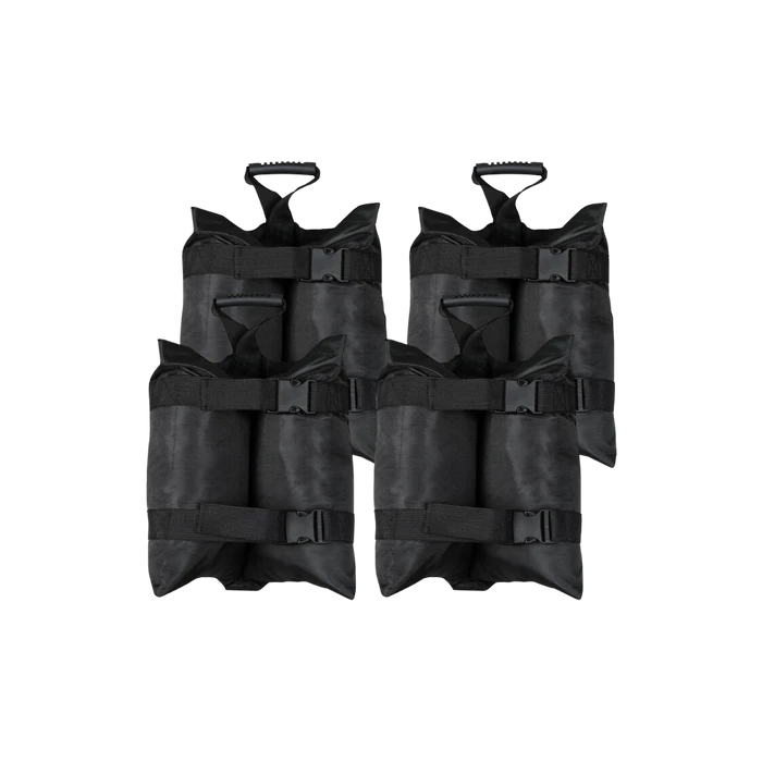 Four black event sandbags with carry handles, laid flat