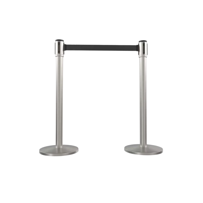 A pair of silver retractable belt stanchions with a black belt extended