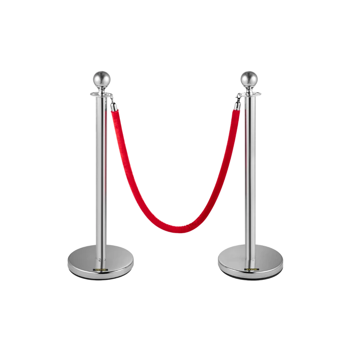 Two brushed silver rope stanchions carrying a red velvet rope