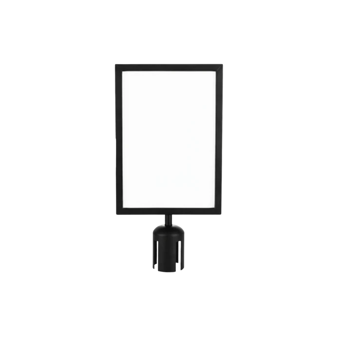 A sign frame mounted on a stanchion collar, holding a blank portrait sheet